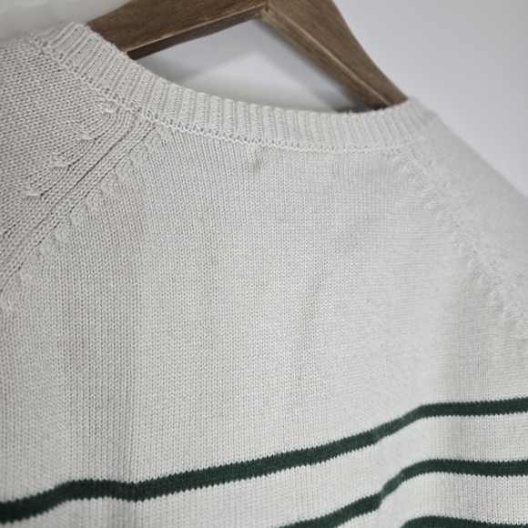 Cream Green Striped Henley Sweater M - Picture 6 of 7